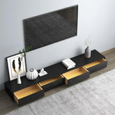 Black rectangular wood TV stand with 4 drawers, fits TVs up to 88 inches